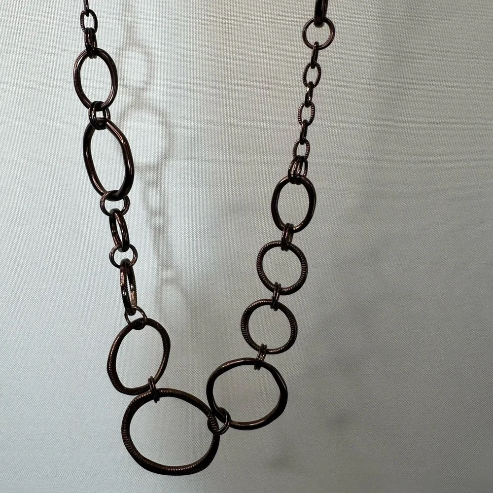 Lia Sophia Haute Long Bold Ring Link Chain Necklace Gunmetal Bronze Finish Boho
